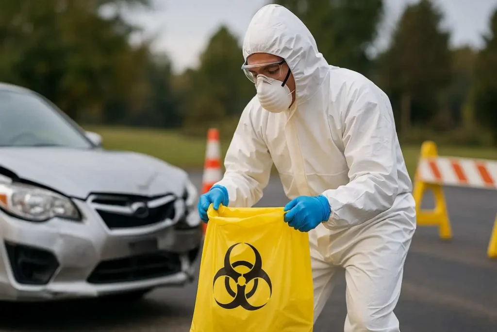Biohazard cleaner safely collecting waste at an outdoor accident scene in Collierville, Tennessee.