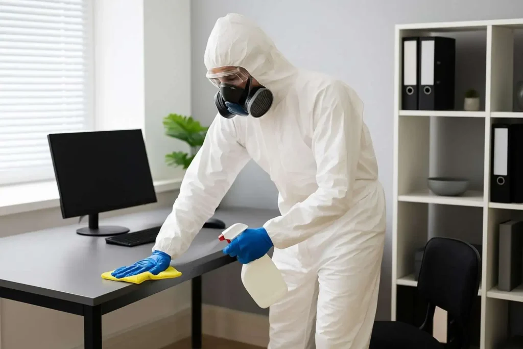 Biohazard cleaner disinfecting an office desk in Jackson, Michigan.