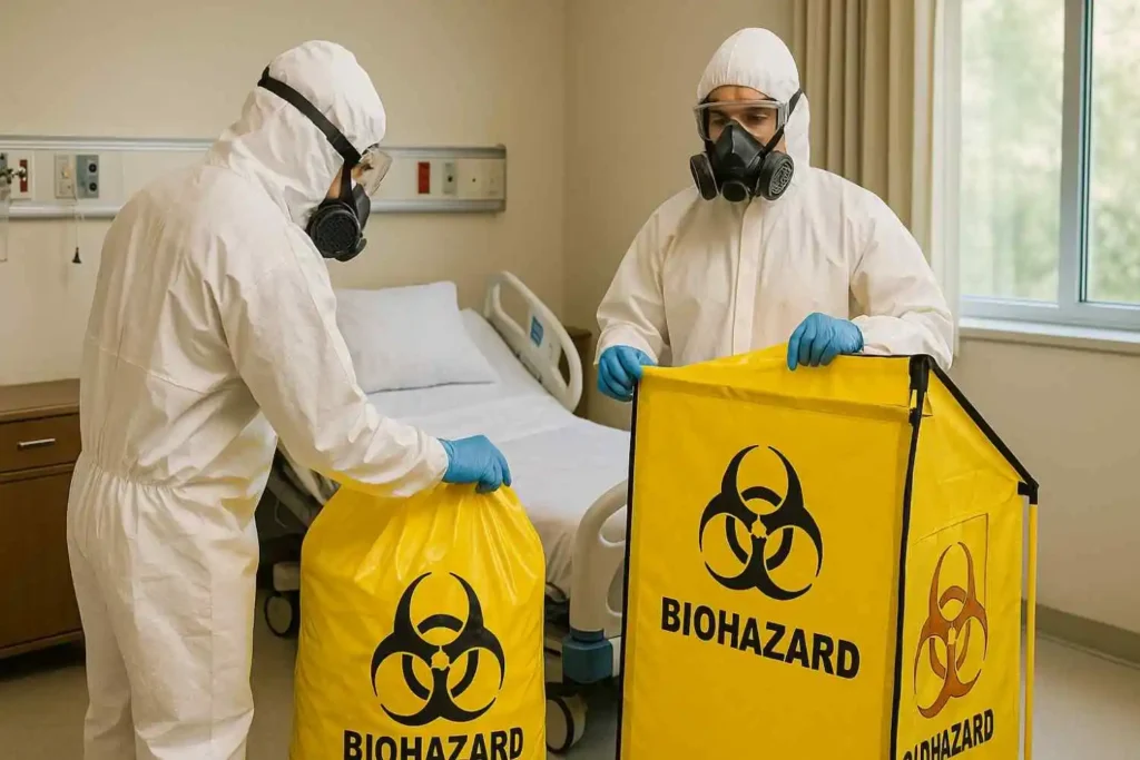 Biohazard cleaners disinfecting a residential staircase in La Vergne, Tennessee.