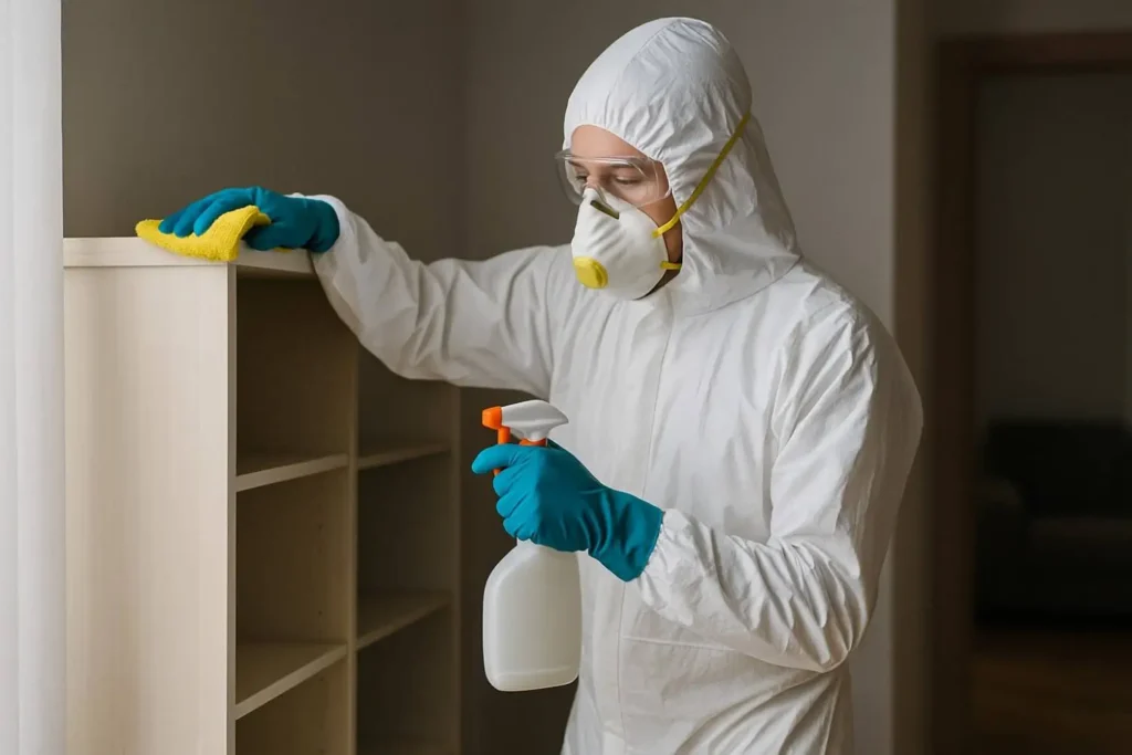Biohazard cleanup technician disinfecting shelving inside a home in Monroe, MI.