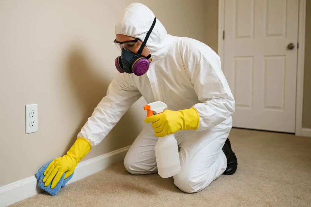 Biohazard cleanup technician disinfecting an interior wall with professional-grade cleaning solution in Sevierville, TN.