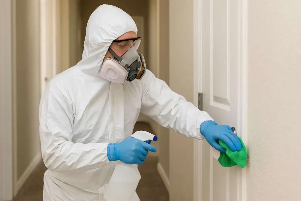 Professional trauma cleanup technician disinfecting a residential door handle in Shelbyville, TN.