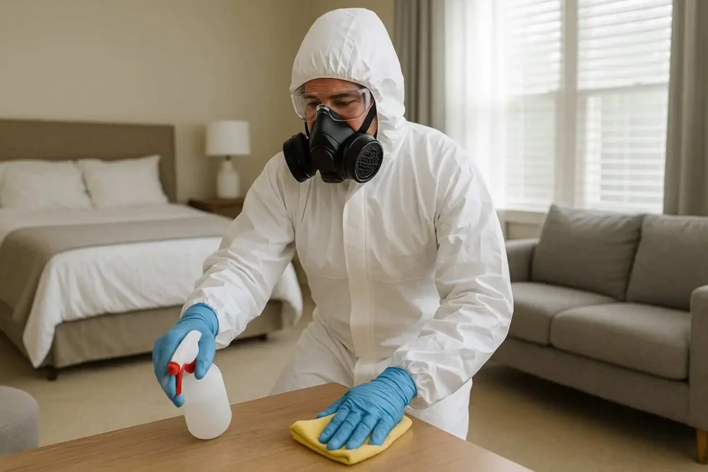 Biohazard cleaner disinfecting a residential kitchen in Jackson, Tennessee.