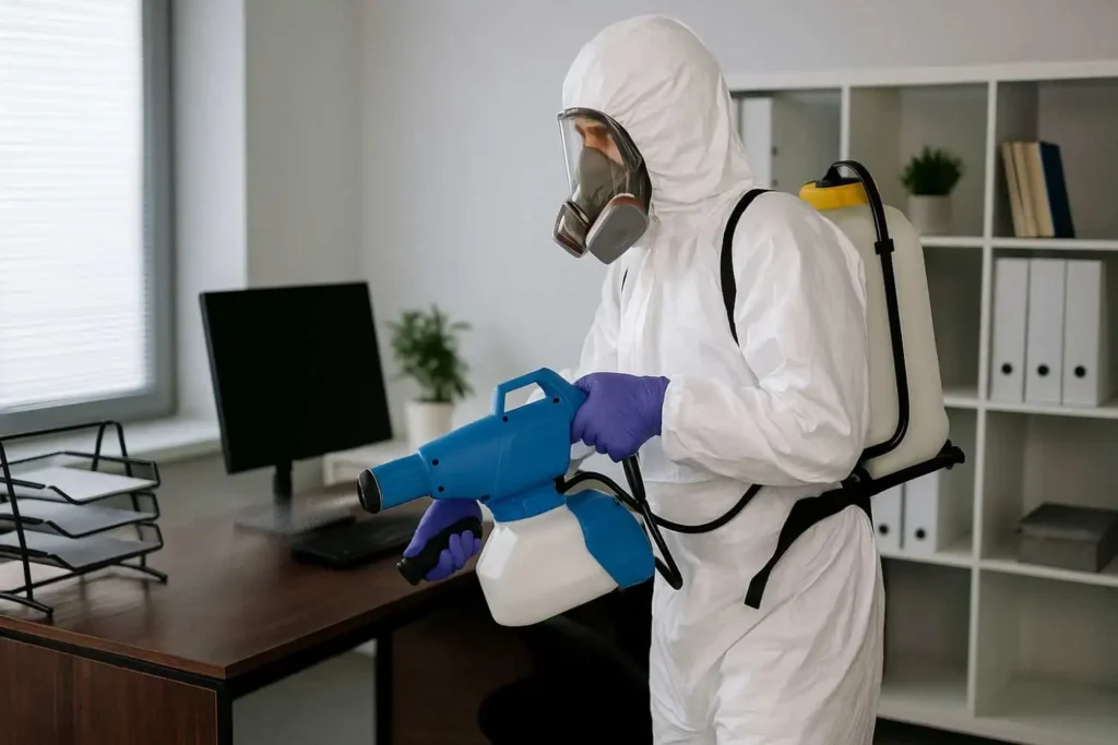 Biohazard cleaner disinfecting an office reception area in Lebanon, Tennessee.