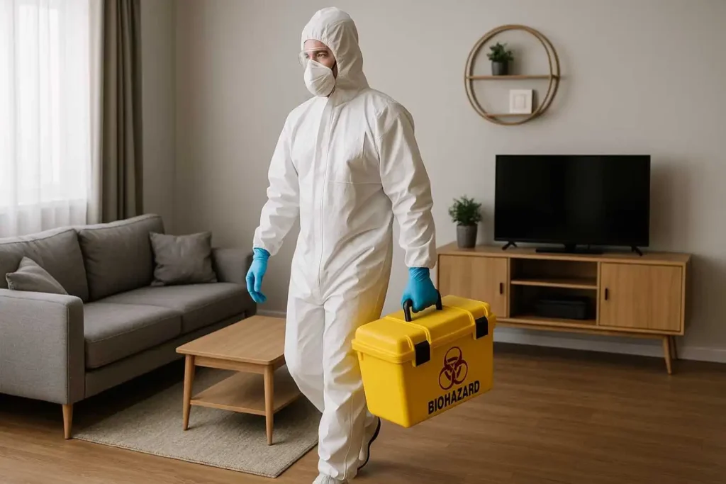 Biohazard cleanup technician in Lincoln Park, MI carrying a yellow biohazard case while wearing full protective gear inside a residential living room.