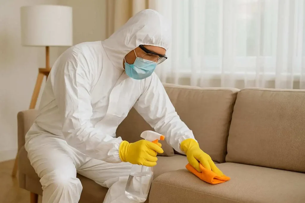 Professional biohazard cleanup technician disinfecting a sofa in a Nashville, TN residence.