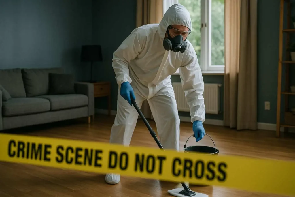 Crime scene cleanup technician in full protective gear mopping a hardwood floor behind caution tape in a home in Troy, MI.