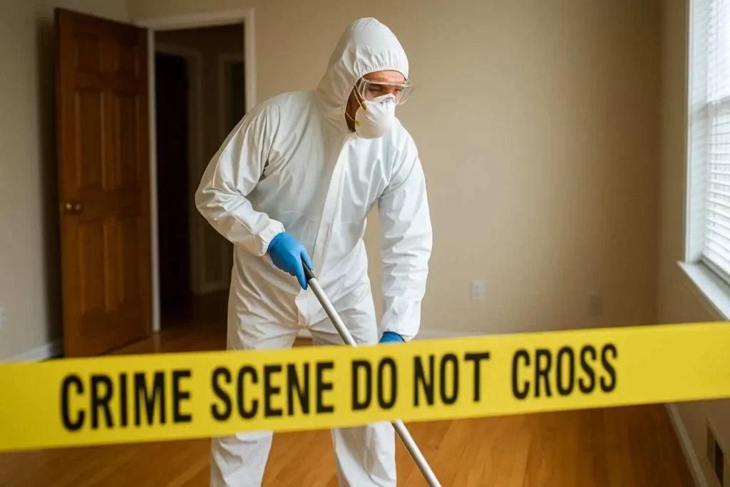 Crime scene cleanup technician mopping hardwood floor behind caution tape in Burton, MI.