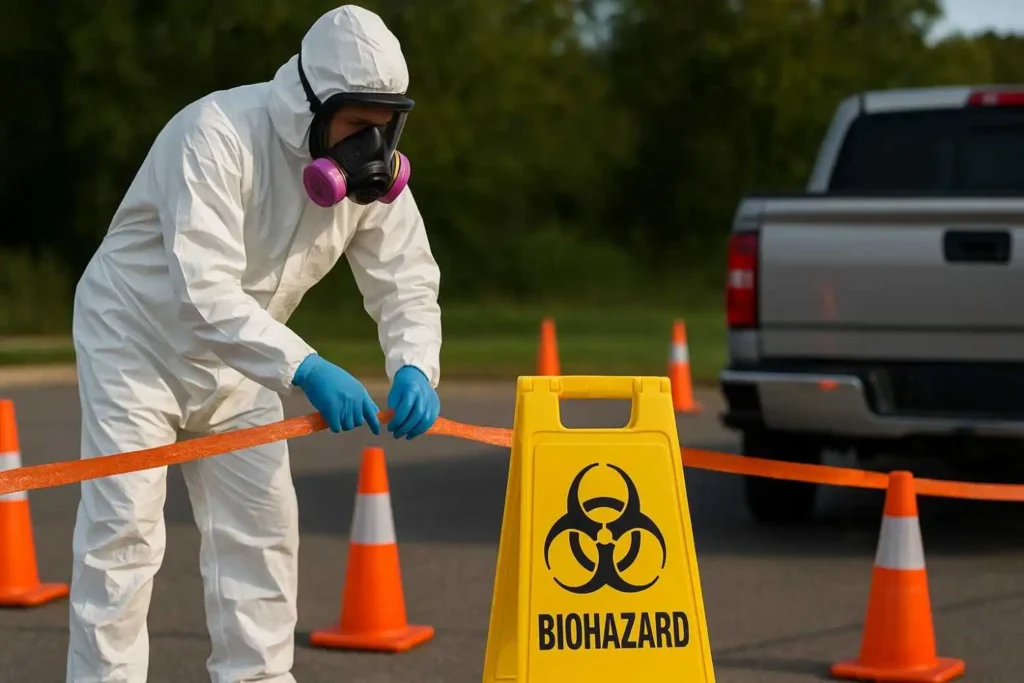 Biohazard cleaner setting up a safety perimeter at an outdoor cleanup site in Columbia, Tennessee.