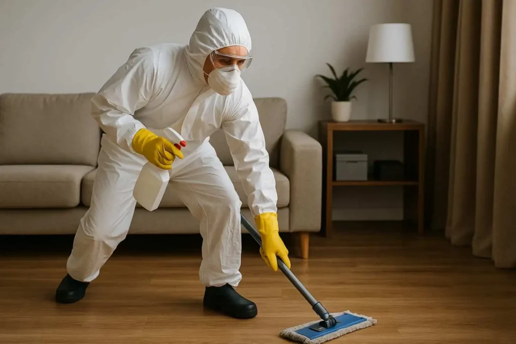 Professional biohazard cleanup technician disinfecting a hardwood floor in a Dearborn Heights, MI home.