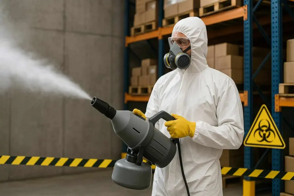 Biohazard cleanup technician in Inkster, MI using a disinfectant fogger inside a warehouse environment.