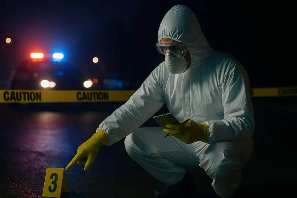 Crime scene cleanup technician in Kentwood, MI documenting evidence near a numbered marker at night with police caution tape and patrol car lights in the background.