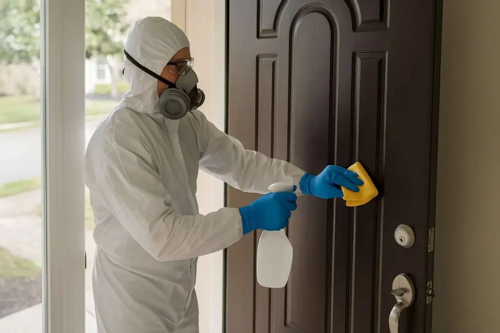 A person in full protective gear cleaning a door with disinfectant spray and a yellow cloth.