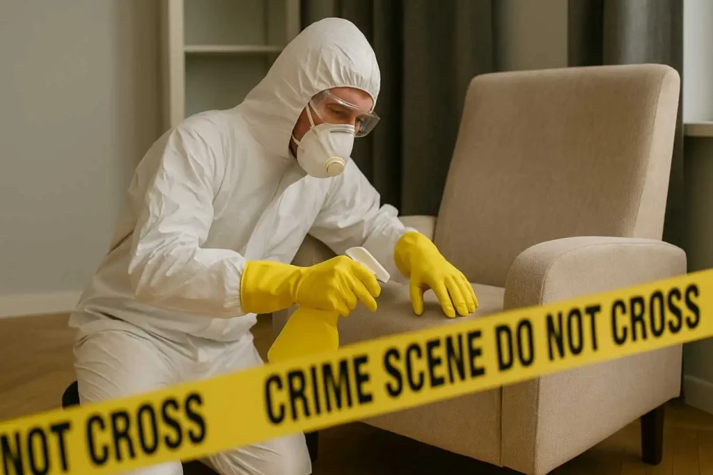 Crime scene cleanup technician sanitizing an upholstered chair behind caution tape in Oak Park, MI.