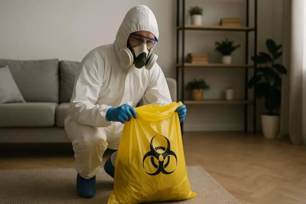 Biohazard cleanup technician sealing a yellow hazardous-waste bag in a Portage, MI home.