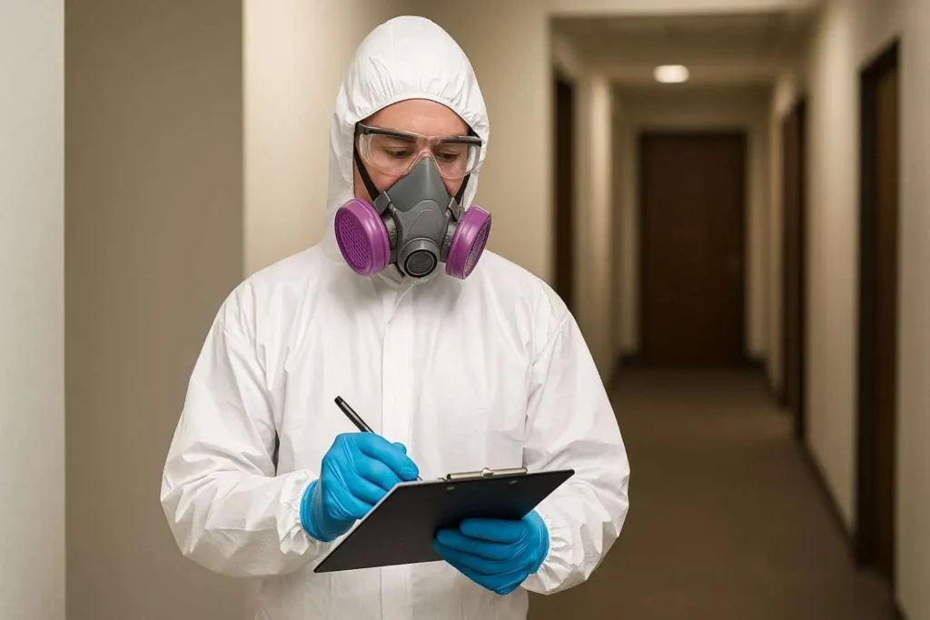 Trauma cleanup professional documenting safety procedures during biohazard remediation in Portland, TN.