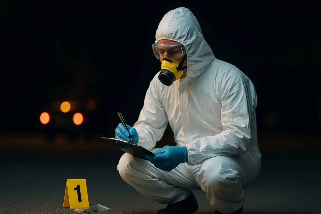 Forensic cleanup technician documenting evidence at a nighttime trauma scene in Pulaski, TN.