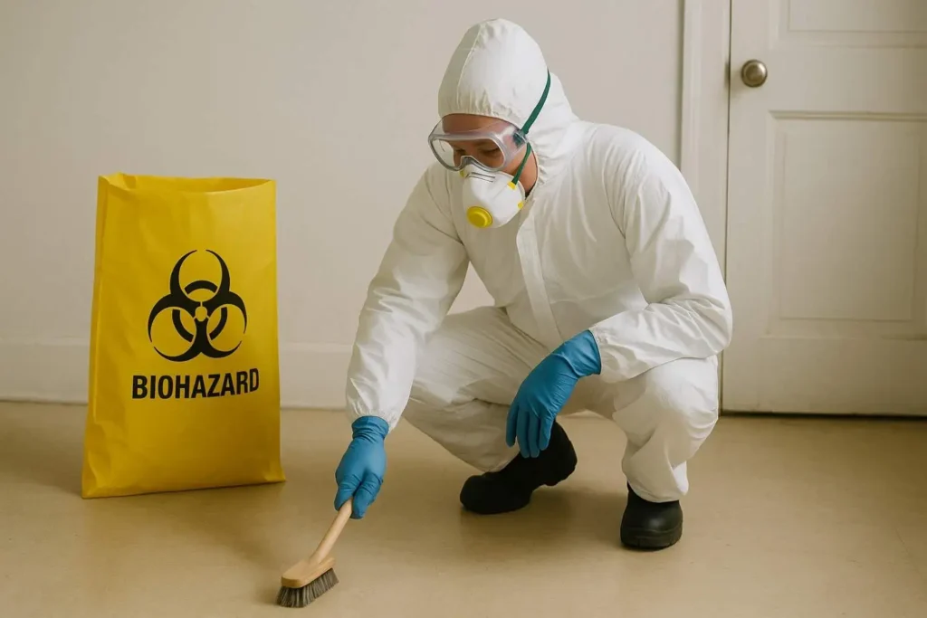 Biohazard cleanup technician in full protective gear scrubbing a floor next to a yellow biohazard disposal bag in Roseville, MI.