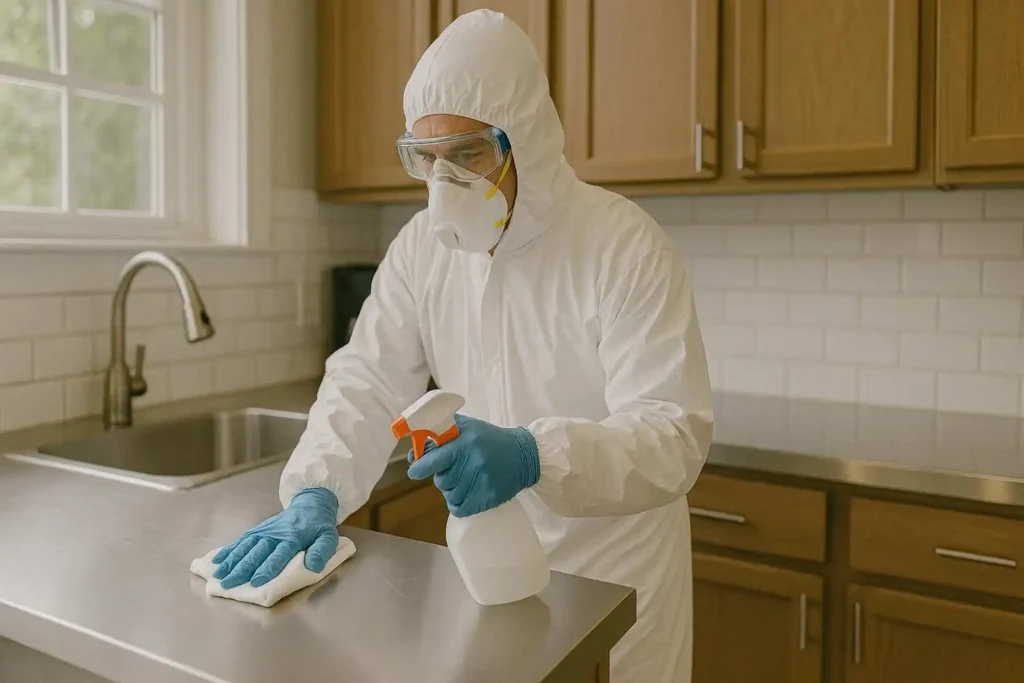 Trauma cleanup technician disinfecting a kitchen countertop in Saginaw, MI.