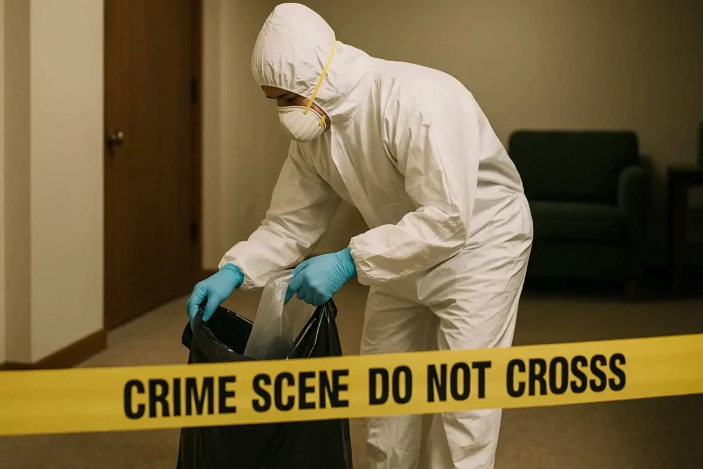 Crime scene cleanup professional in full protective gear disposing of contaminated materials behind crime scene tape in Taylor, MI.