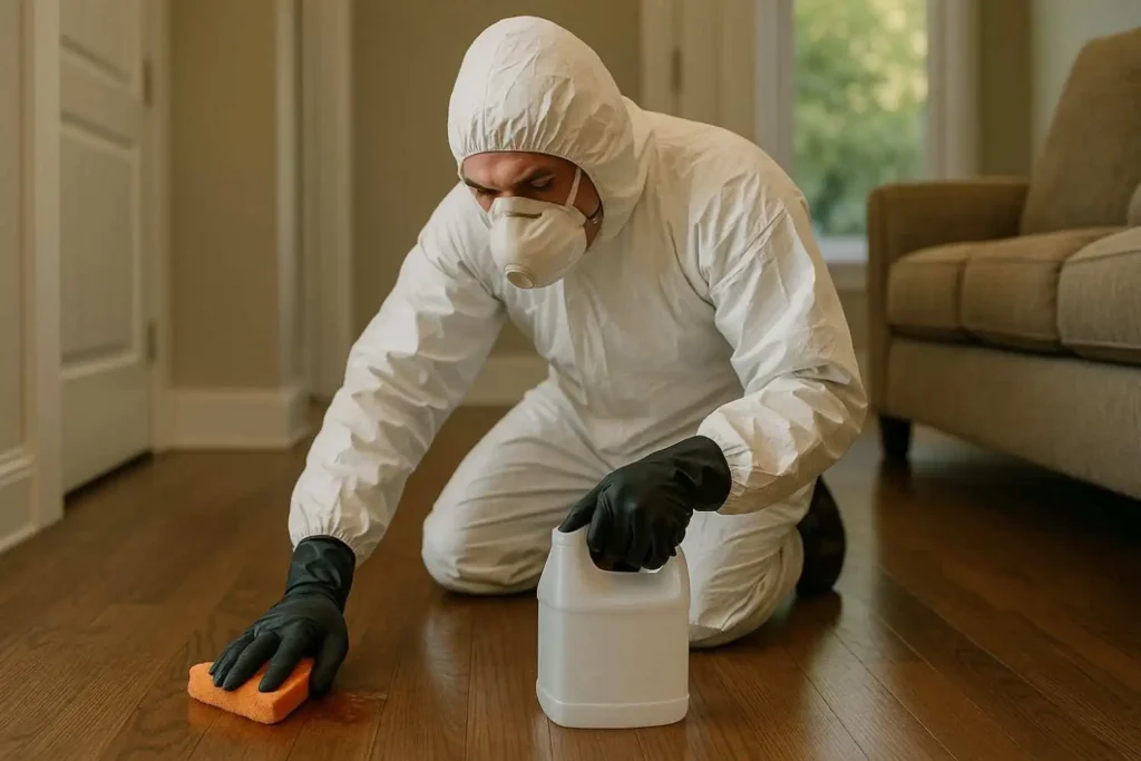Trauma cleanup professional in protective gear scrubbing a hardwood floor with disinfectant in Troy, MI.