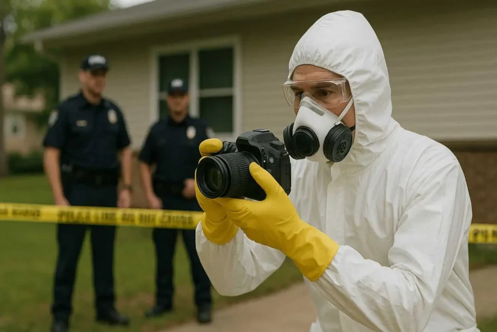 Crime scene cleanup professional in protective gear photographing evidence in Wyoming, MI.