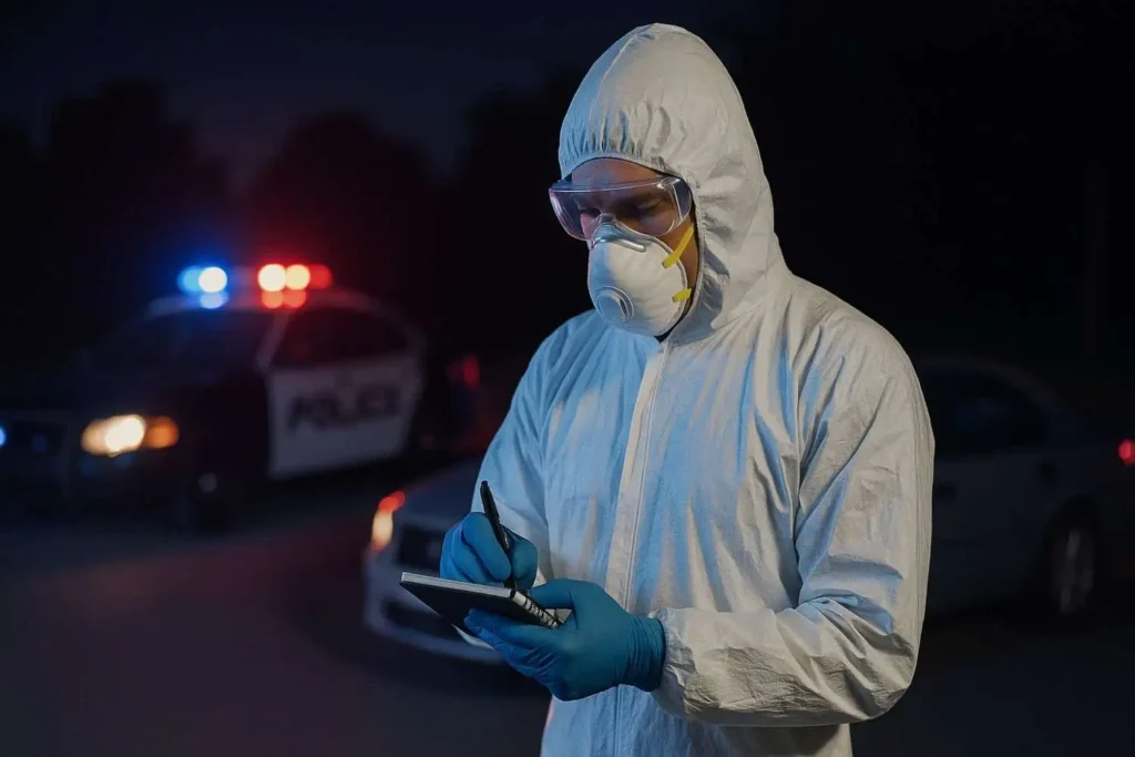Crime scene cleanup professional documenting details at a nighttime incident in Saginaw, MI.