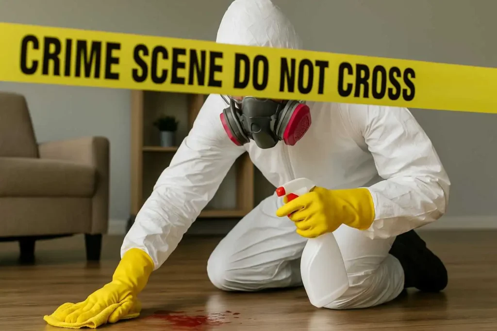 Crime scene cleanup technician disinfecting a bloodstained floor behind police tape in Spring Hill, TN.
