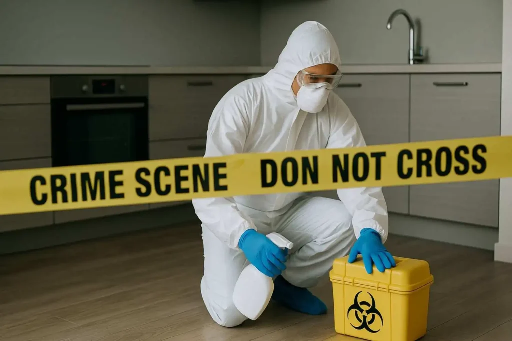 Crime scene cleanup technician in Livonia, MI disinfecting a kitchen floor behind crime scene tape with a biohazard container.