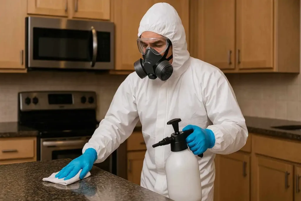 Biohazard cleanup technician disinfecting a kitchen countertop in Bay City, MI.