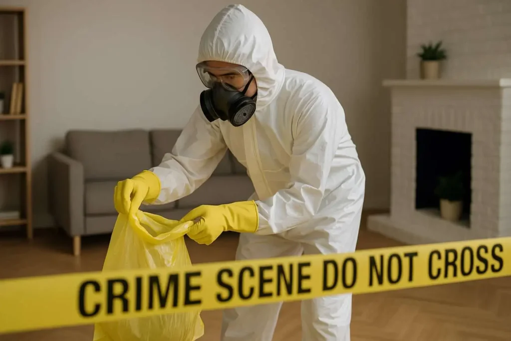 Biohazard cleanup technician in full protective gear placing contaminated materials into a yellow disposal bag behind crime scene tape in a home in Pontiac, MI.
