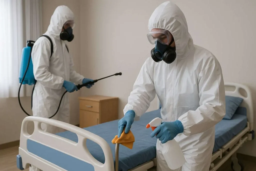 Biohazard cleaners disinfecting a medical reception desk in Lenoir City, Tennessee.