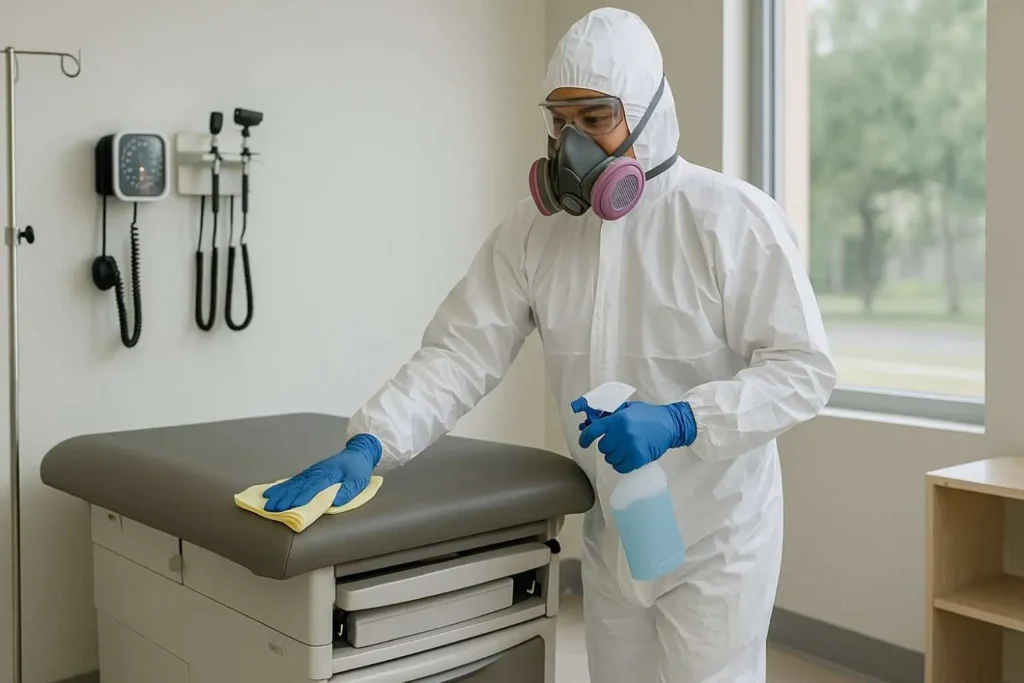 Biohazard technician disinfecting a medical exam table in Millington, Tennessee.
