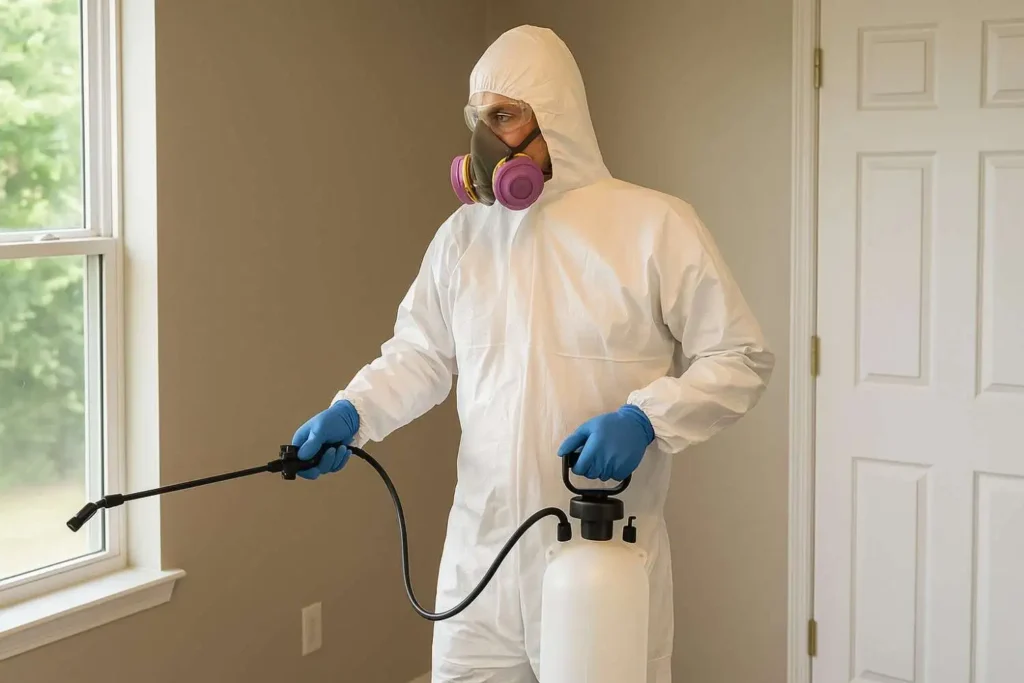 Biohazard cleaner disinfecting an indoor residential wall in Mount Juliet, Tennessee.