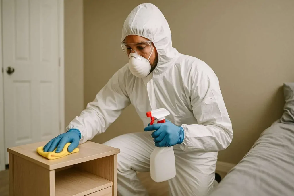 Professional biohazard cleanup technician disinfecting a nightstand in a bedroom in Mount Pleasant, MI.