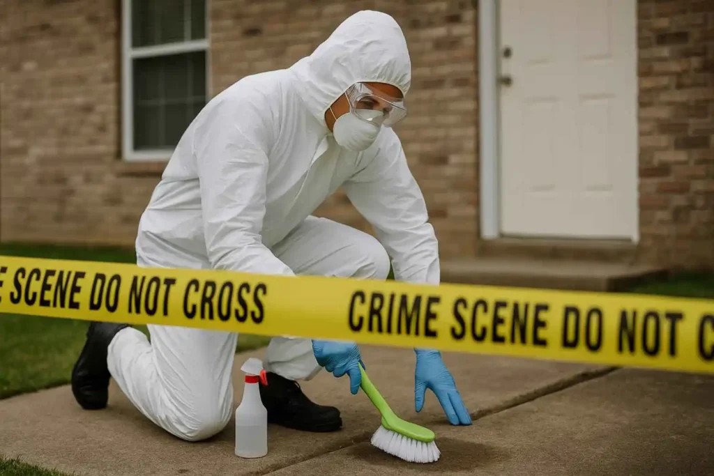Crime scene cleanup technician disinfecting a residential sidewalk behind police tape in Red Bank, TN.