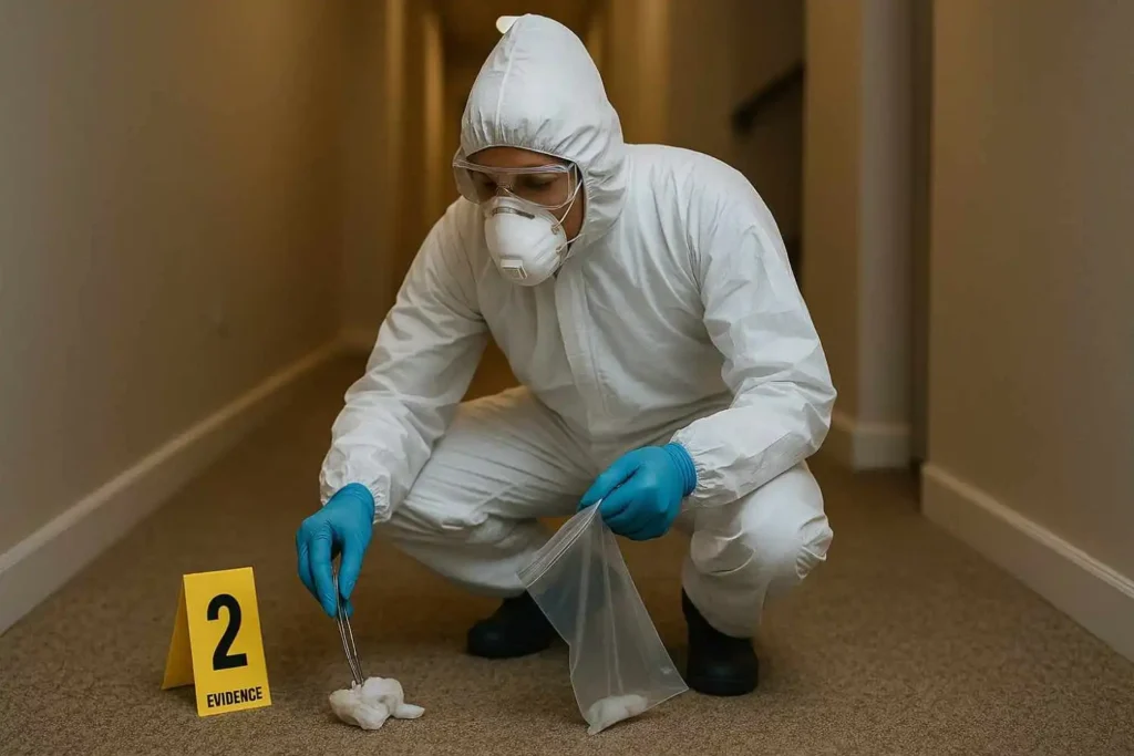 Crime scene technician in protective gear collecting evidence in a hallway in Southfield, MI.
