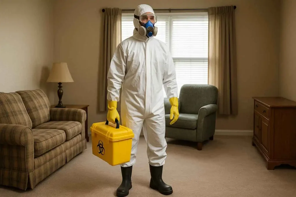 Professional trauma cleanup technician carrying a biohazard containment case inside a residential home in Tullahoma, TN.