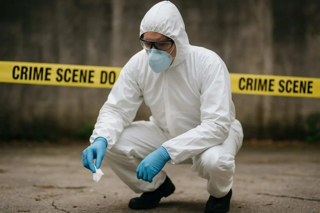 Crime scene cleanup technician in full protective suit examining debris on pavement behind yellow crime scene tape in Westland, MI.