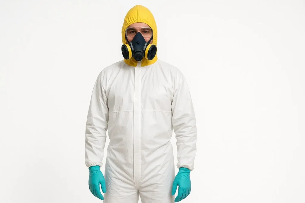 Biohazard cleanup technician in full protective gear standing against a white background in Ypsilanti, MI.