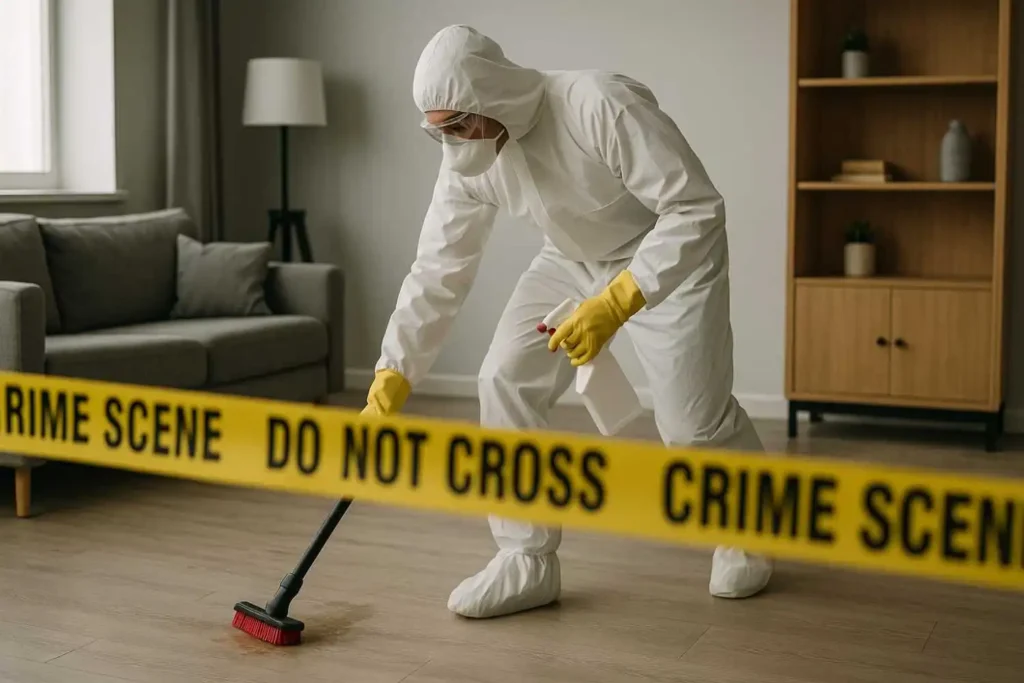 Crime scene cleanup technician in Lincoln Park, MI disinfecting a residential living room behind yellow crime scene tape.
