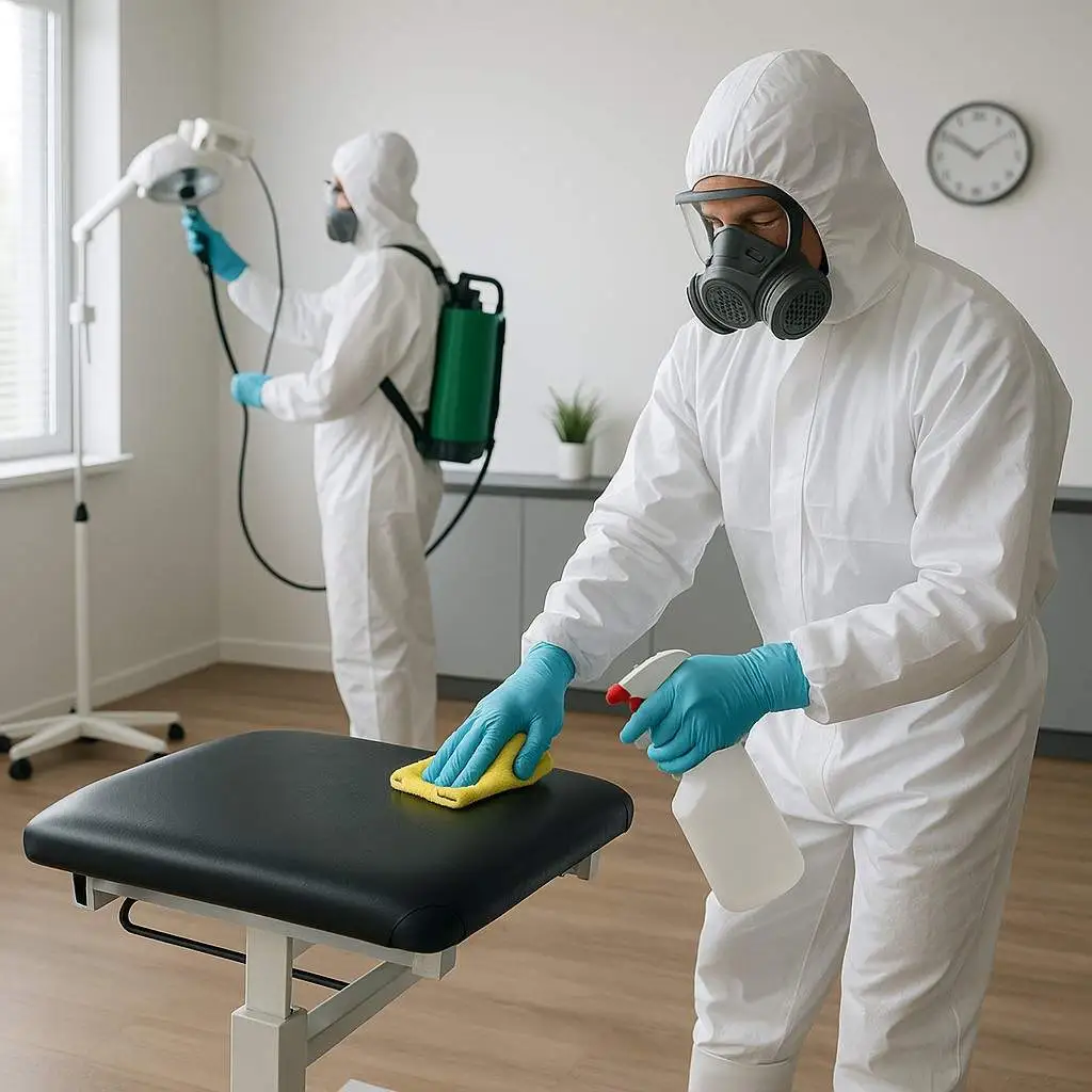 Biohazard cleaners disinfecting a hospital patient room in Kingsport, Tennessee.