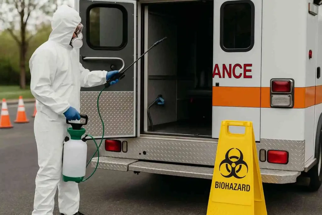 Biohazard cleaner disinfecting an ambulance in Collierville, Tennessee, using professional equipment.