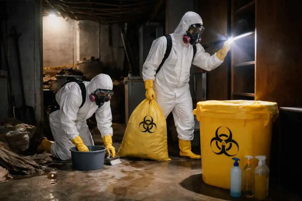 Biohazard cleanup workers in hazmat suits cleaning a basement floor and inspecting storage area with flashlight and waste bags