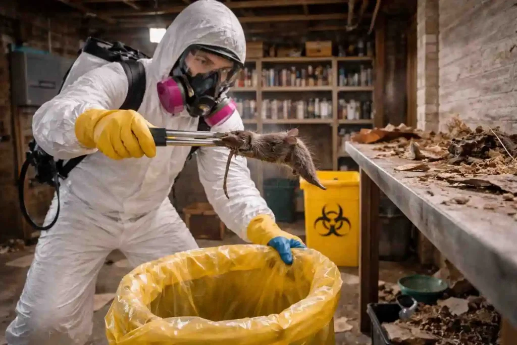 Biohazard cleanup worker in hazmat suit safely removing contaminated debris in a basement using tools and disposal container