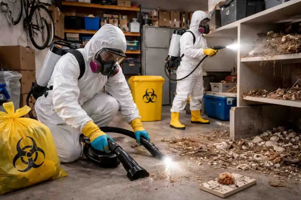 Biohazard cleanup technicians in hazmat suits using vacuum and disinfectant tools to clean a cluttered garage space
