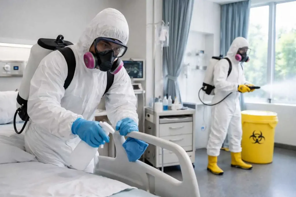 Biohazard cleanup professionals in hazmat suits disinfecting a hospital bed and sanitizing a medical room with equipment