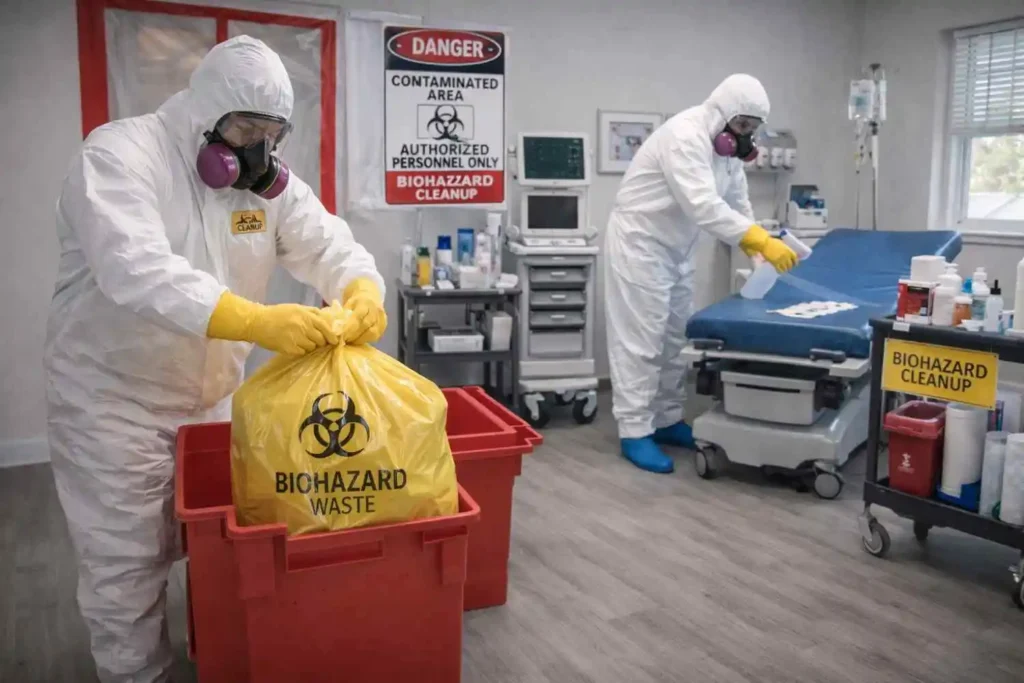 Two biohazard cleanup technicians in full protective hazmat suits sealing a biohazard waste bag while disinfecting a medical examination table inside a controlled clinical environment.