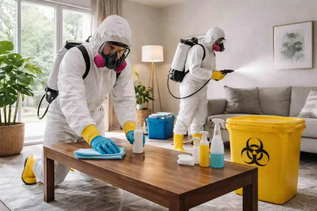 Biohazard cleanup technicians in hazmat suits disinfecting a living room with spray equipment and surface cleaning tools
