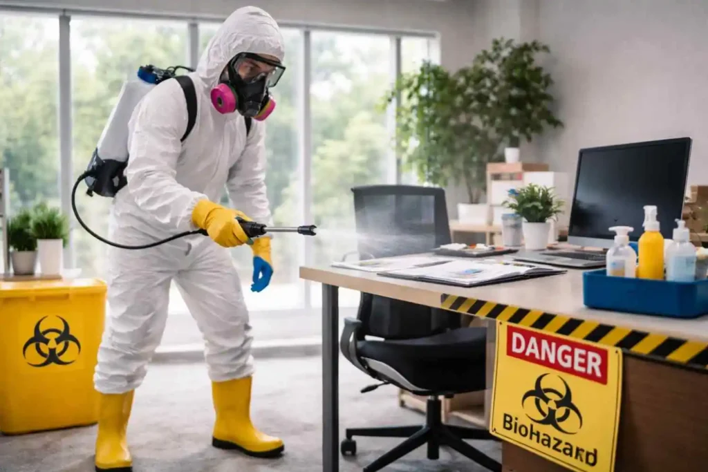 Biohazard cleanup worker in hazmat suit disinfecting an office desk with spray equipment in a modern workspace
